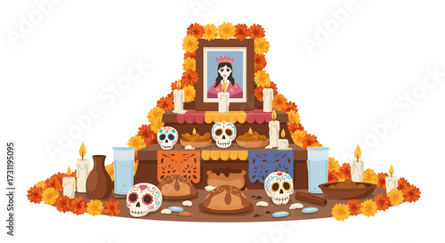 Día de Muertos ofrenda altar flowers skulls bread candles  photo