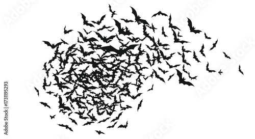 A swirling flock of dark silhouette bats taking flight in a spiral motion across a white background.
