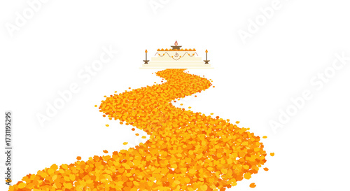 Festive flower path leading to a decorated platform with lamps and flowers