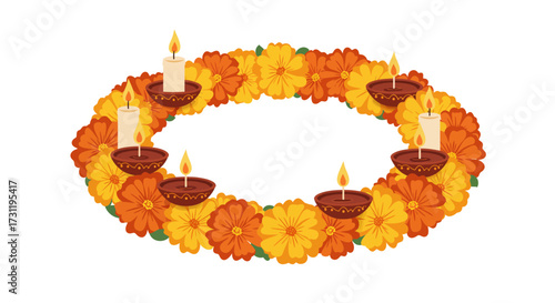 Floral oval wreath with candlesdiyas orangeyellow blossoms brown vessels with lit flames centered on white