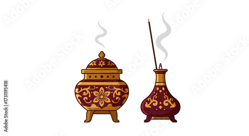 Image of two incense burners one a covered pot and the other a vase each emitting smoke