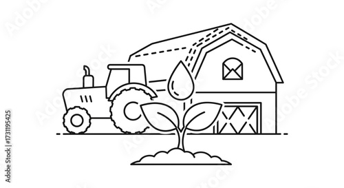 Illustration of agriculture farming with tractor barn and plant growth for sustainable agriculture concept