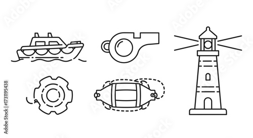 Nautical vector icons set featuring boat, lighthouse, buoy, gear and whistle in minimalist line art style