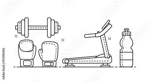 Gym equipment vector illustration featuring dumbbell boxing gloves treadmill and water bottle workout fitness