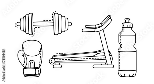 Gym equipment vector illustration featuring treadmill dumbbell boxing glove and water bottle for fitness workout