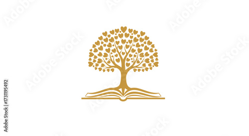 A golden tree of knowledge blossoming with hearts grows from an open book.