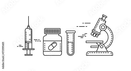 Medical research equipment including microscope syringe pill bottle and test tube for pharmaceutical science