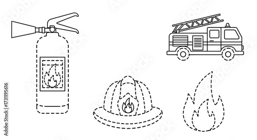 Firefighter equipment line art vector illustration featuring fire truck extinguisher helmet and flames design