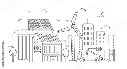 Sustainable city outline with solar panels wind turbine electric car and charging station for eco friendly living