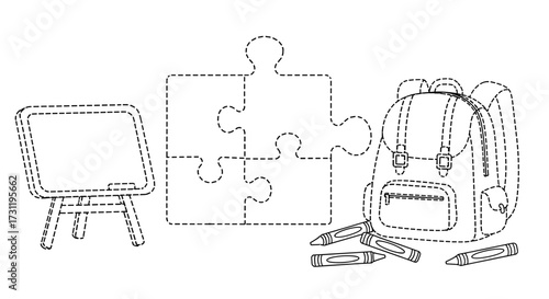 Back to school outline drawing with school supplies backpack puzzle crayons and easel vector illustration