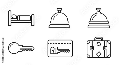 Hotel travel icons set with bed, bell, key, keycard and suitcase for travel and tourism related designs