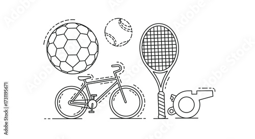 Sports equipment vector illustration featuring soccer ball tennis ball bicycle racket and whistle outline design