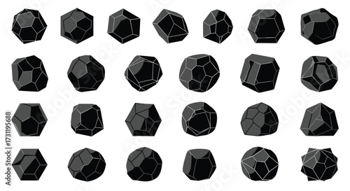 A collection of three dimensional geometric shapes representing nanoscale metallic particles