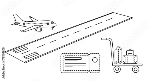 Outline airport scene with airplane runway luggage cart and ticket for travel and vacation planning design