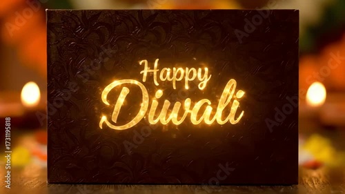 4k shot of Happy Diwali glowing on a dark box surrounded by blurred lights, creating a warm, festive mood against a bokeh background for the holiday.
