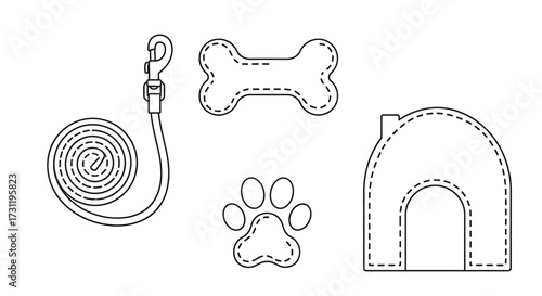Dog accessories outline vector illustration featuring leash bone paw print and dog house perfect for pet shops