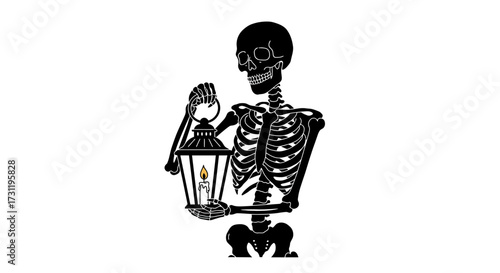 Silhouette skeleton holds a candle lantern ribs skull bones visible