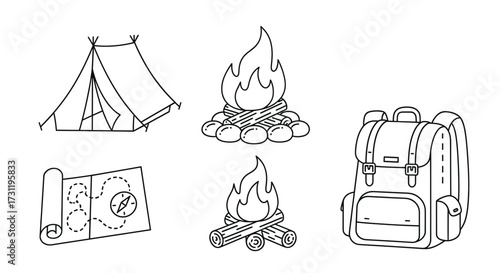 Camping equipment vector illustration tent campfire backpack and map for outdoor adventure design element