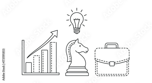 Business strategy success concept with growth chart, chess knight, light bulb and briefcase illustration