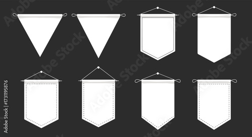 Collection of various blank pennant flag shapes and designs for graphic applications.