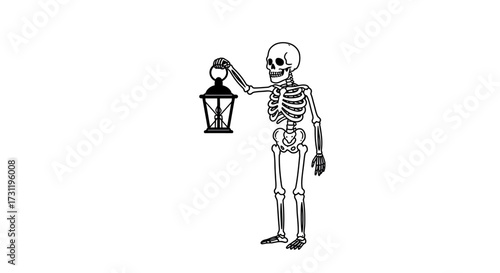 Skeleton holding a lantern depicted in black and white line art