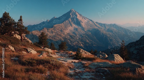 Mountain peak under clear blue sky with rocky foreground and sparse trees.