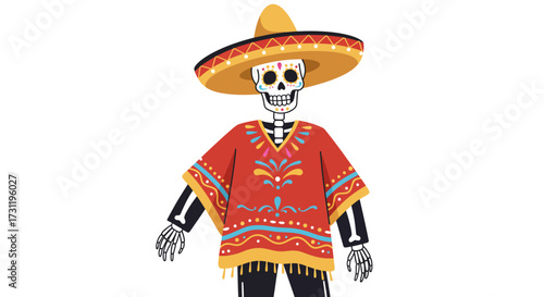 Skeleton figure in sombrero and poncho with skeletal arms torso and legs