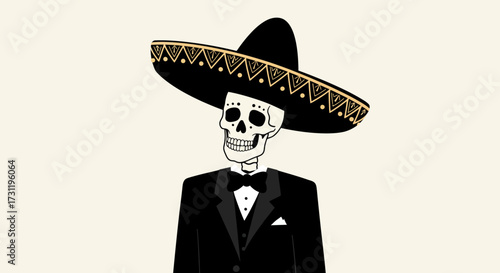 Skeleton in a black suit and sombrero with gold trim on a creamcolored background