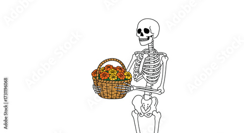 Skeleton holds a basket of orange  yellow flowers standing against a plain white background