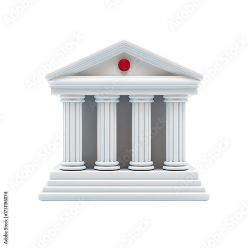 A simplified 3D model of a white classical temple with four columns, a pediment, and a red circular detail atop