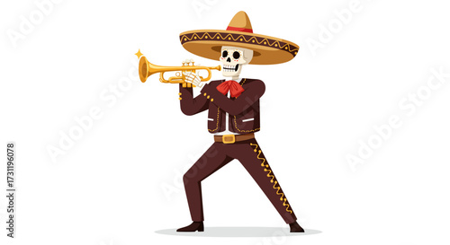 Skeleton in a mariachi suit playing a trumpet