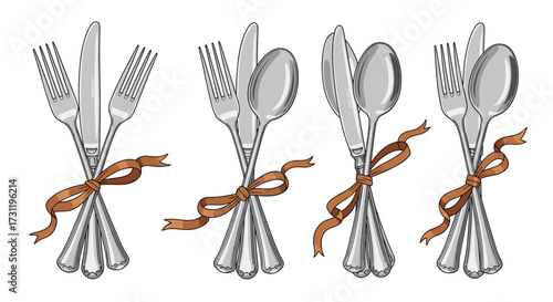 A Collection of Elegant Silverware Bundled with Ribbon for a Formal Dining Experience