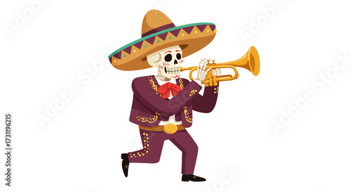 Skeleton mariachi plays a trumpet wearing a sombrero and suit