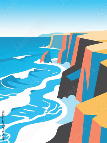 Seawater Crashes into Natural Cliffs Illustrator Artwork Design Template Poster