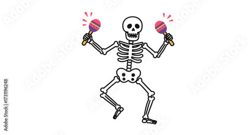 Skeleton playing maracas dancing on white background