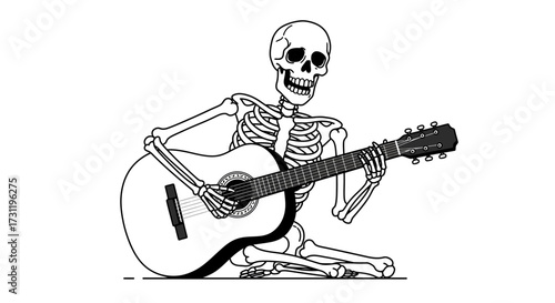 Skeleton playing guitar seated
