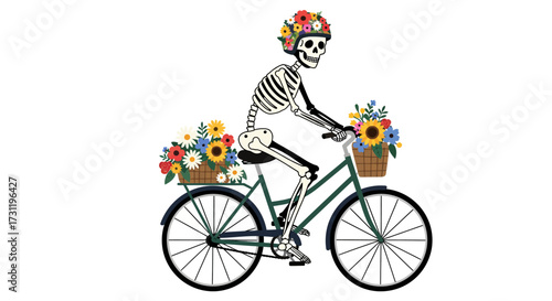Skeleton wearing floral helmet rides bicycle with flowerfilled baskets