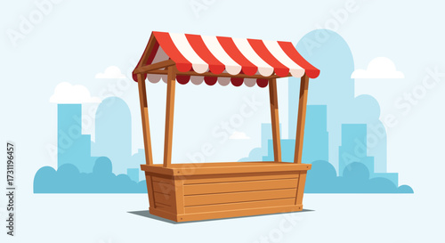 A simple wooden market stall with a red and white striped awning set against a cityscape.