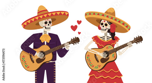 Skeletons dressed for Day of the Dead playing guitar
