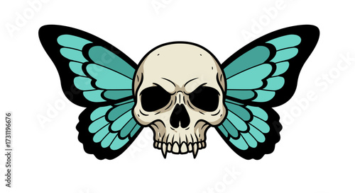 Skull w turquoise butterfly wings black edges sharp teeth