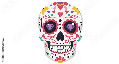 White sugar skull art with colorful flower and diamond decorations