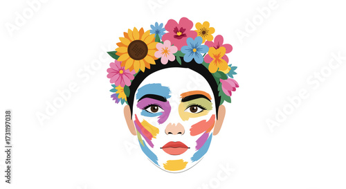 Womans face with colorful paint strokes and a flower crown on a white background