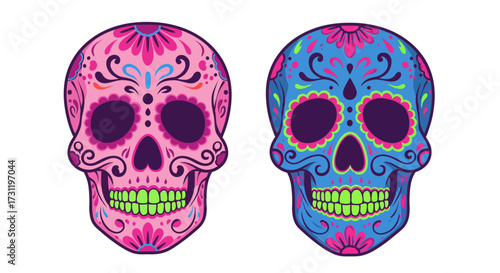 Two vibrant decorated sugar skulls one pink and one blue adorn a white backdrop