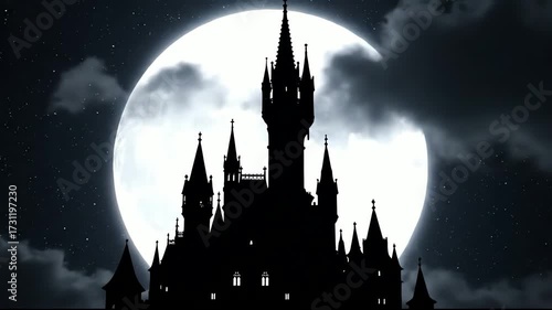 4k Halloween image showcasing the dark silhouette of a gothic castle against a bright full moon, emphasizing mystery and eerie atmosphere with a spooky theme at night.