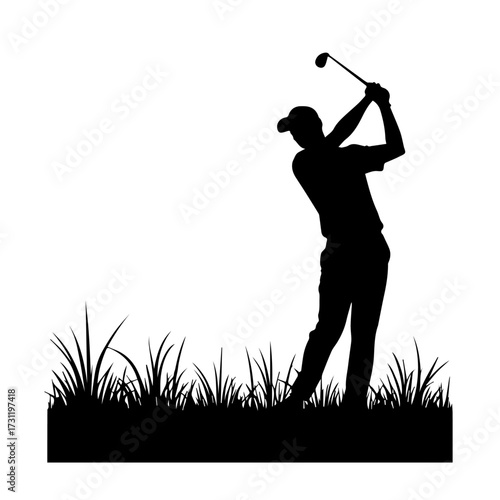 silhouette of a golf player, silhouette, golf, sunset, sport, golfer, vector, sky, woman, swing, illustration, boy, sword, sun, black, grass, people, men, fitness, green, club, playing