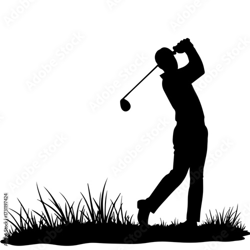 silhouette of a golf player, silhouette, golf, sunset, sport, golfer, vector, sky, woman, swing, illustration, boy, sword, sun, black, grass, people, men, fitness, green, club, playing