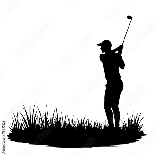 silhouette of a golf player, silhouette, golf, sunset, sport, golfer, vector, sky, woman, swing, illustration, boy, sword, sun, black, grass, people, men, fitness, green, club, playing
