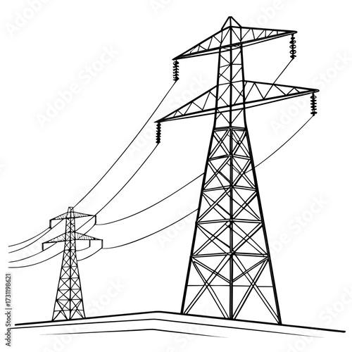 A stark black and white illustration of two tall electricity pylons supporting power lines against a clean white background