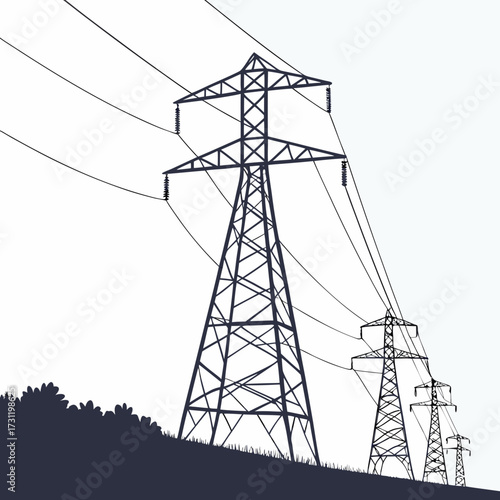A row of tall dark pylons supporting electrical power lines against a bright clear sky