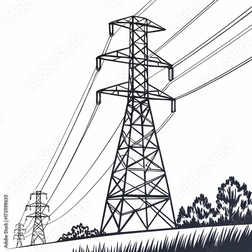 Monochromatic illustration of towering electricity pylons with power lines stretching across a landscape